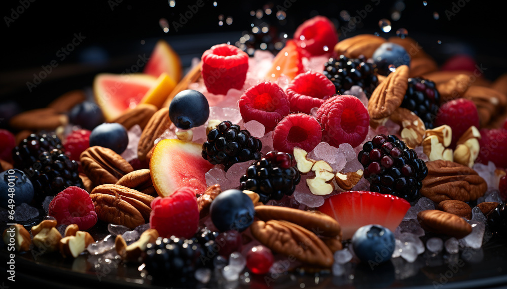 Freshness and variety of gourmet desserts on wooden table generated by AI Freshness and variety of gourmet desserts on wooden table generated by AI
