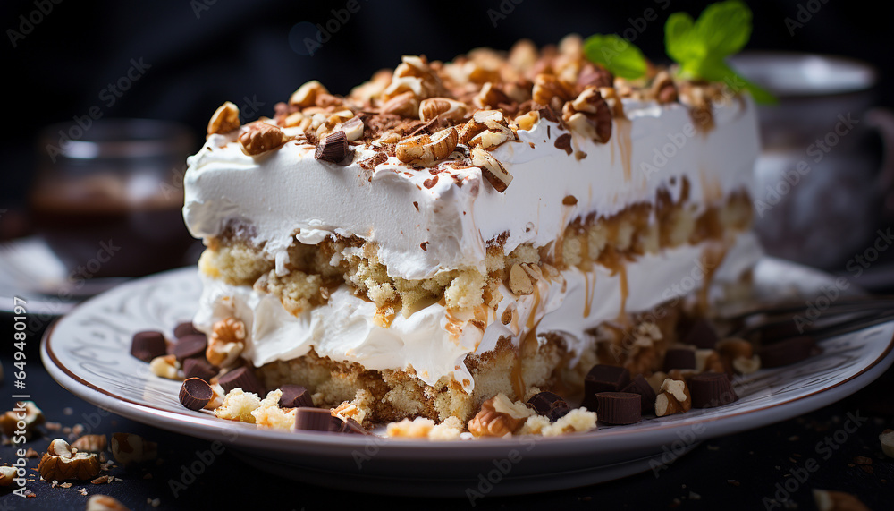 A homemade gourmet dessert fresh fruit slice with whipped cream generated by AI A homemade gourmet dessert fresh fruit slice with whipped cream generated by AI