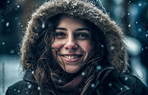 Winter Elegance: A Beautiful Brunette, Smiling in a Brown Winter Coat, Radiates Joy under Snowfall, ai generative