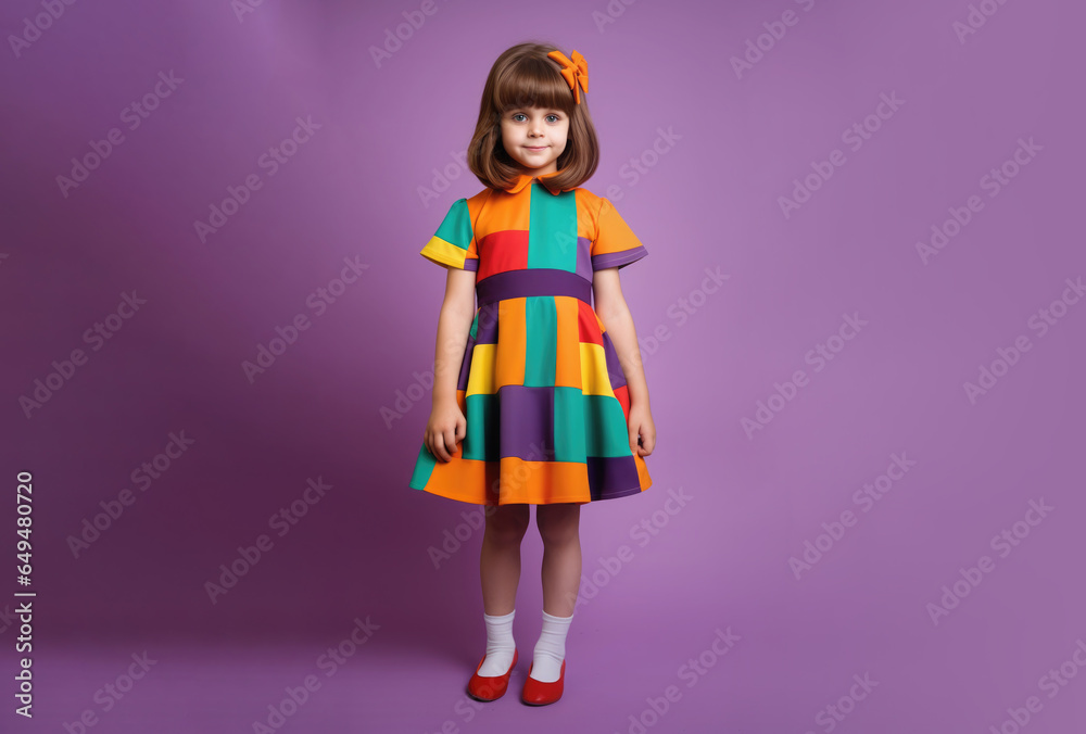 Generative AI, a little girl with a trendy hairstyle in an elegant retro dress in the mod style stands on a colorful rich background, fashionable child, children's fashion, 50s clothes, shop, magazine Generative AI, a little girl with a trendy hairstyle in an elegant retro dress in the mod style stands on a colorful rich background, fashionable child, children's fashion, 50s clothes, shop, magazine