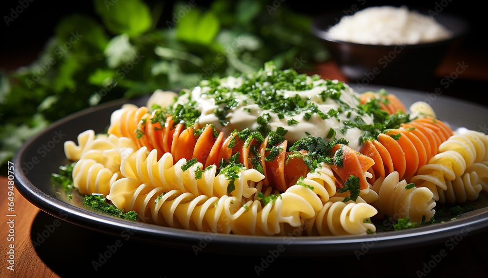 Healthy eating Fresh vegetarian pasta meal on wooden plate generated by AI
