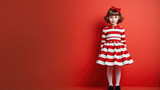 Generative AI, a little girl with a trendy hairstyle in an elegant dress in the mod style stands on a colorful rich background, fashionable child, children's fashion, 50s clothes, shop, magazine