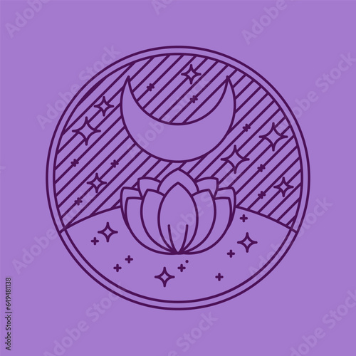 Mystical purple boho logo. Night lotus with moon and stars in the sky round shape aesthetic icon.
