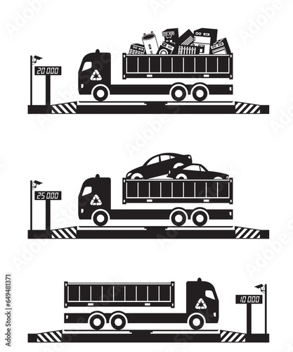 Trucks with scrap at weighbridge scale – vector illustration
