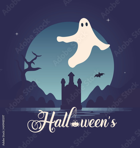 a ghost leaving a tomb at night, Halloween greeting and illustration