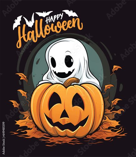 Happy ghost behind a large pumpkin, Halloween greeting, happy halloween illustration