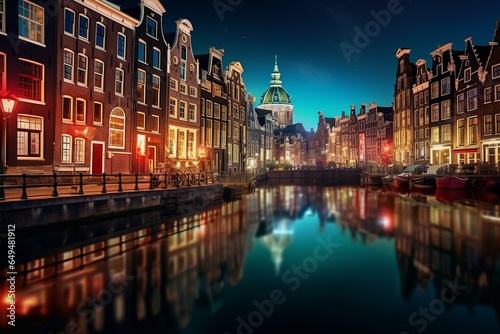 Fotografija Night scene with illuminated buildings and canals in Amsterdam