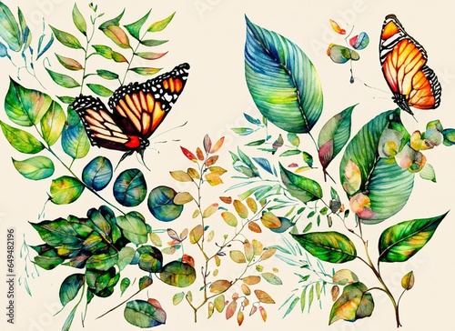 Watercolor illustration of butterflie and leaves © yogia10