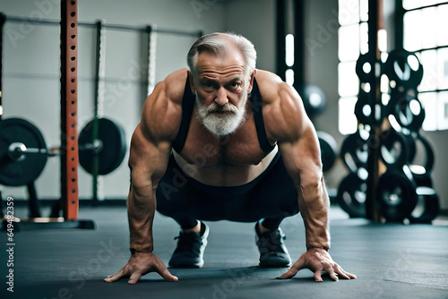 A old man with a beard stands in a gym with a large white beard. photo