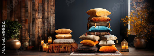 stack of pillow cushions and carpets in classical traditional Arabian textile style or Moroccan African vintage embroidery art in cozy furniture lifestyle with lanterns and wooden walls