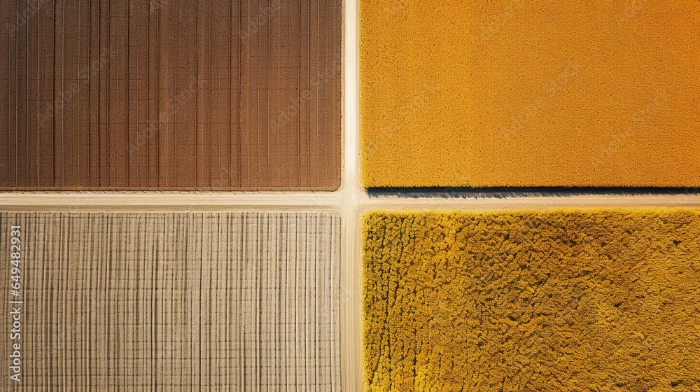 Fototapeta premium Generative AI, Farm autumn landscape, agricultural fields, beautiful green, yellow, orange and beige countryside, country road. Nature Illustration, photorealistic top view drone.