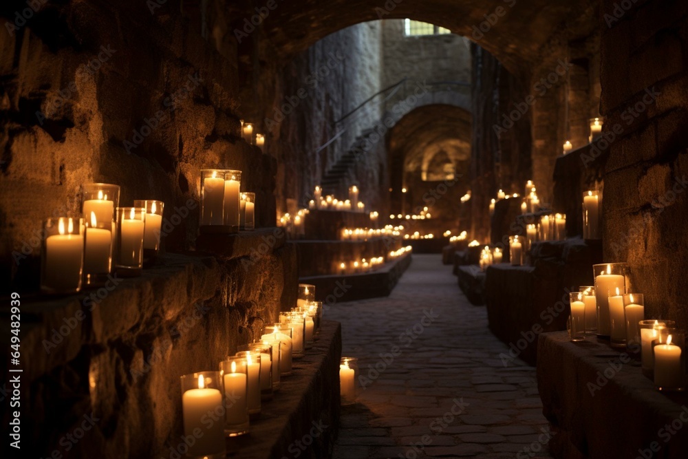 The castle tunnel is lit by candles and natural light. Generative AI