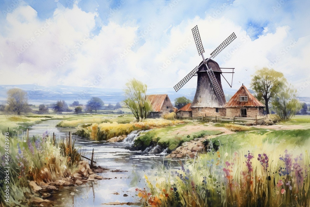 Watercolor painting of a picturesque mill in a spring landscape with fields and a village. Generative AI