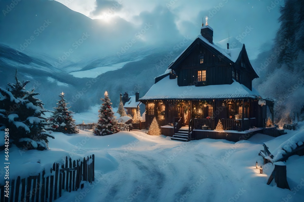 Create a magical image of a snowy landscape and a festively adorned house. 