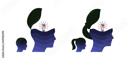 Blue open minded male female character with colorful lightbulb with gears. Abstract idea concept vector illustration to use for business, logical thinking, open mind and knowledge concept projects.