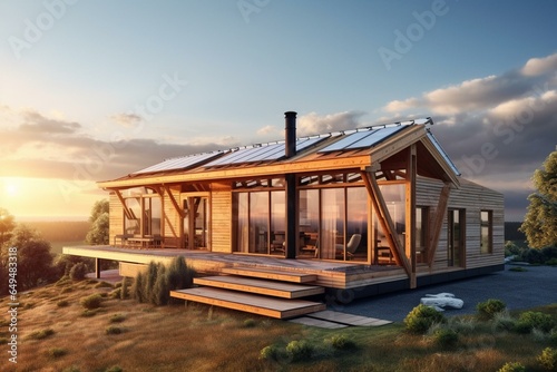 Construction of an eco-friendly wooden house with renewable energy and low energy consumption. Generative AI