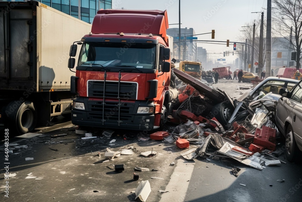 High-risk delivery truck accident involving cargo container at a traffic intersection. Generative AI