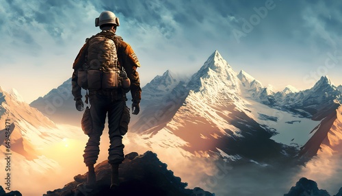 Soldier standing on top of the Himalayas facing Mount Everest at sunrise