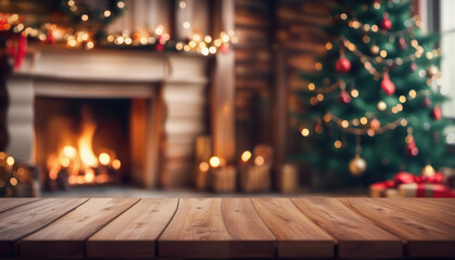 Holiday table with christmas tree and fireplace  with copy space