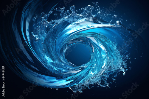 Rounded splash of blue water isolated on dark blue background.generative ai 
