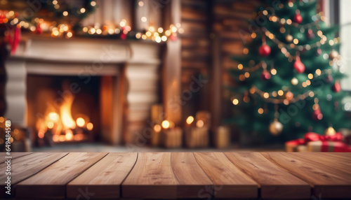 Leinwand Poster Wood table with blurry christmas tree and fireplace background with copy space