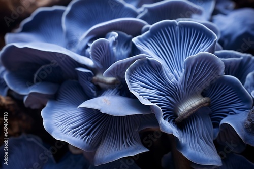 Close-up of cultivated blue oyster mushrooms in a fungi farm. Generative AI