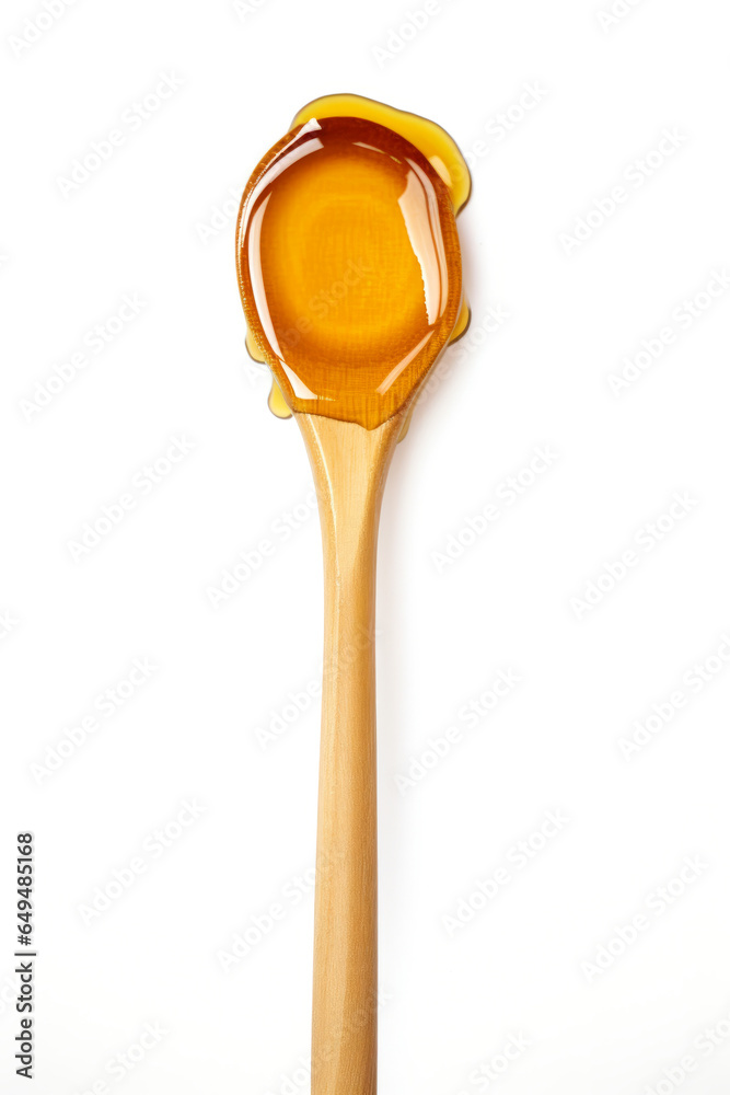 Wooden spoon with honey isolated on white background.generative ai Wooden spoon with honey isolated on white background.generative ai