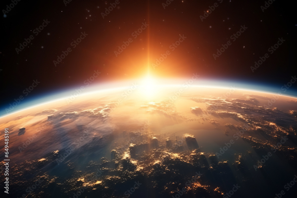 The sun setting behind the horizon of planet Earth, view from space.generative ai
