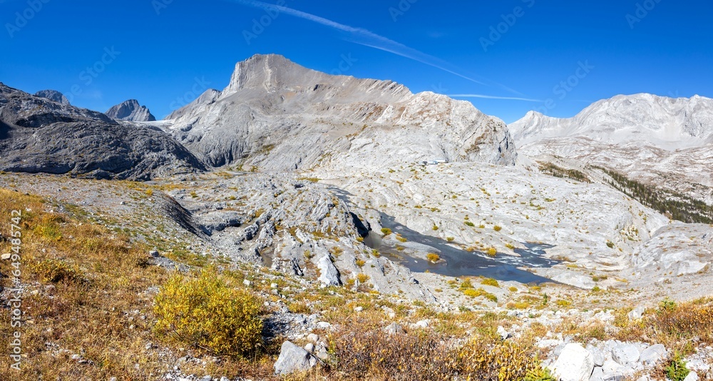 Remote Wilderness Alpine Landscape Panorama.  Haig Glacier and Jellicoe Mountain Peak Skyline, Sunny Autumn Day, Kananaskis Country Alberta Canada
