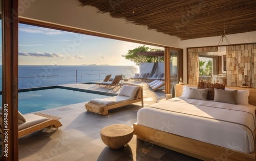 Contemporary loft bedroom overlooking private pool and sun deck with stunning ocean vista. Generative AI