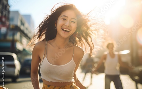 Portrait of a happy young Korean woman on a city street. expression of joyful emotions. street photograph of a girl.