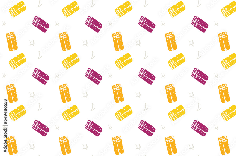 Pattern of yellow, orange, and purple gifts, on white background. Pattern of yellow, orange, and purple gifts, on white background.