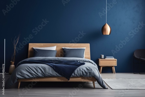 Contemporary Nordic bedroom featuring wood bed, bedside table, dark blue wall, and wooden floor. Generative AI