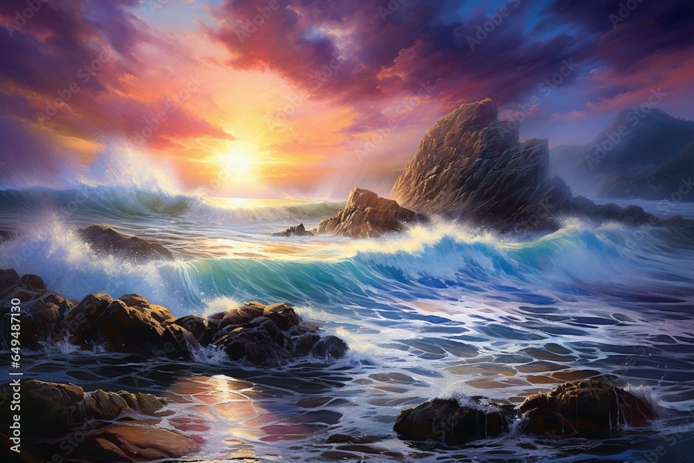 Captivating seascape, rocky shoreline, crashing waves, intense sky colors. Heroic, fantasy-inspired artwork. Generative AI