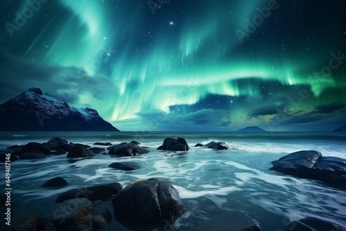 Stormy ocean, stunning northern light. Beautiful landscape of Iceland, Norway. Generative AI