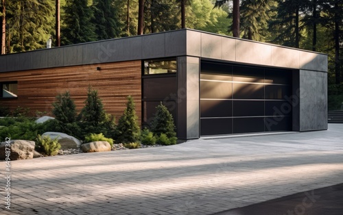 closed garage with aluminum exterior and natural granite pavement. Generative AI