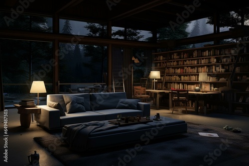 3D rendered eerie living space decor at night. Generative AI