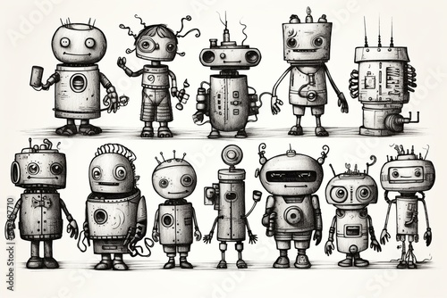 Old fashioned robot toys drawn in ink as a group. Generative AI