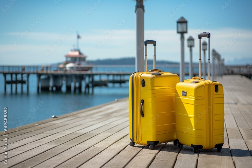 Bright yellow suitcases on dock, ready for cruise departure and ocean voyage. Generative AI