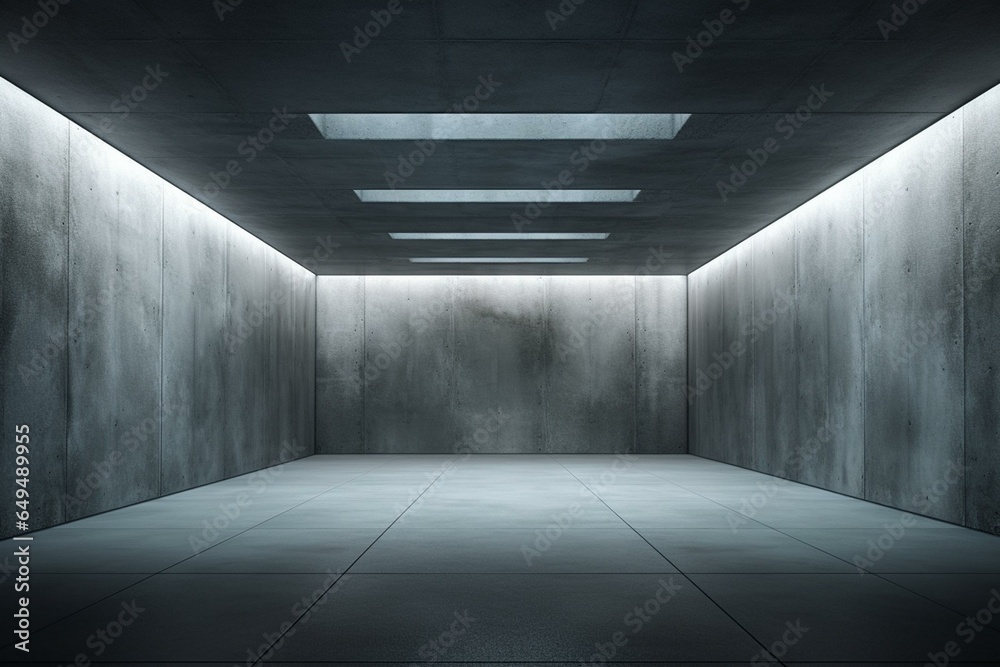 A lifelike 3D depiction of an empty passage within a metallic structure, featuring dim concrete and bright white LED lighting in an subterranean storage tunnel. Generative AI