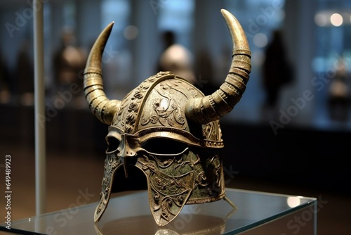 Helmet worn by ancient vikings  adorned with horns. Generative AI