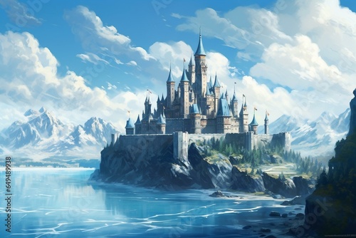 Stunning castle shines against a serene blue backdrop. Generative AI
