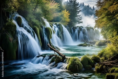 Scenic cascade scenery in Plitvice Lakes, Croatia. Generative AI