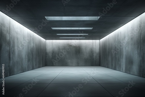 A lifelike 3D depiction of an empty passage within a metallic structure, featuring dim concrete and bright white LED lighting in an subterranean storage tunnel. Generative AI