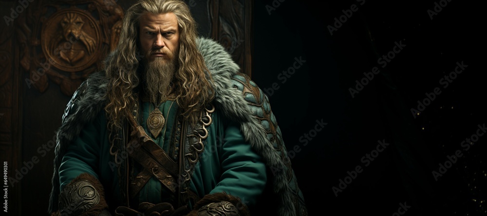 A bearded viking king looking serious on black background, space left for text and logo on right side