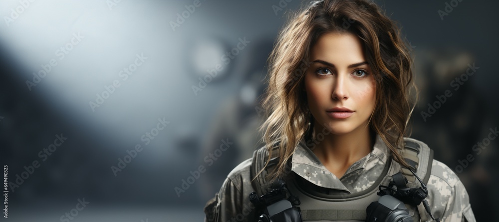 Obraz na płótnie A female soldier, looking confident in battle on blurred grey background, space left for text and logo w salonie