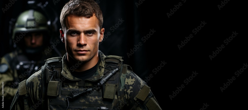 Two soldiers on black background, looking confident, space left for text and logo on right side Two soldiers on black background, looking confident, space left for text and logo on right side