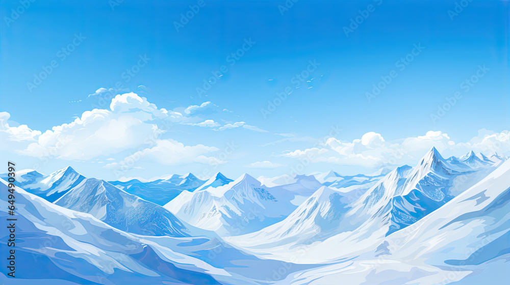 A beautiful view of a big snowy mountain range with a blue sky. Ski resort background. 