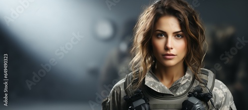 A female soldier, looking confident in battle on blurred grey background, space left for text and logo