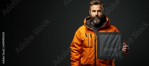 A construction worker in orange workwear, holding a sign on black background, space left for text and logo on left side